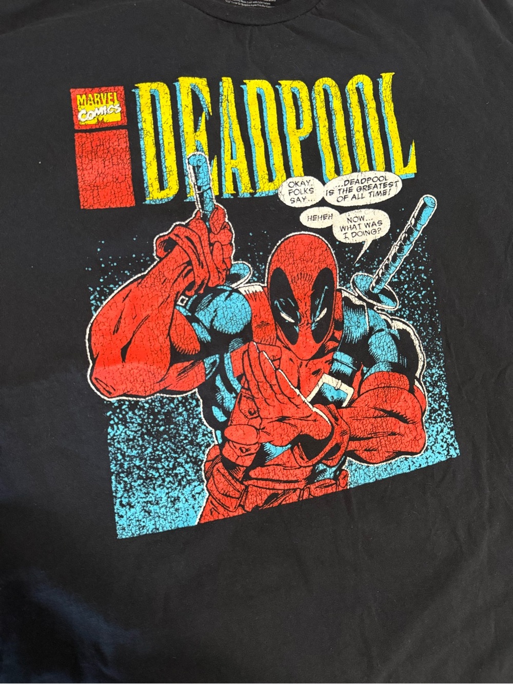 Marvel Deadpool Comic Panel Tee - Black with Red, Yellow & Blue Print